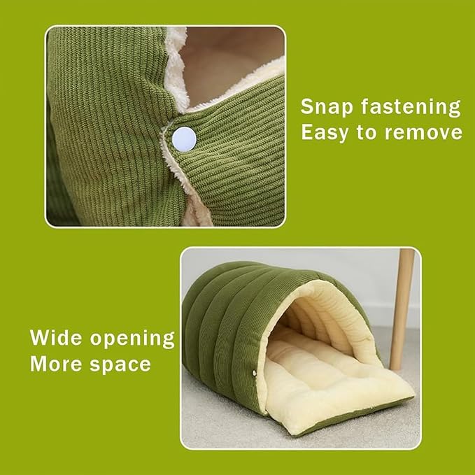Removable and Washable Winter Closed-Off Cat Bed, Cat Winter Cave, Cute Cat Beds for Indoor Cats, Disassembled Design for Easier Cleaning, with Hair Remover (Green+Beige, 22.4 * 14.6 * 11.0 in)
