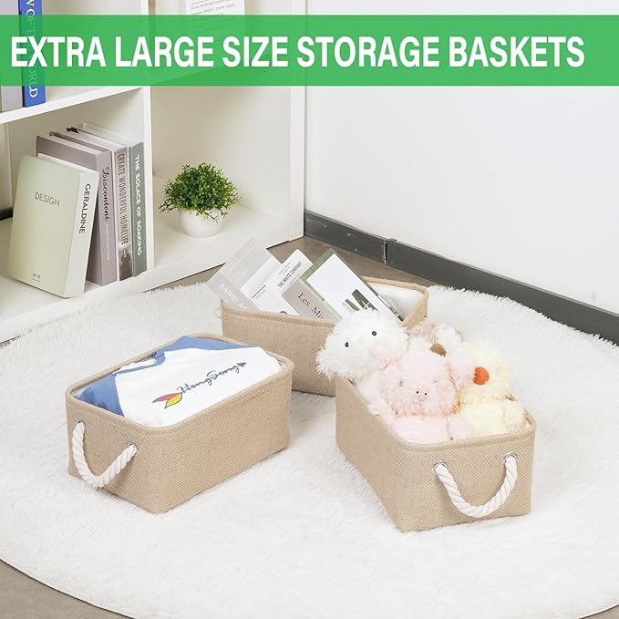 Bidtakay Small Storage Baskets for Shelves 3 Pack Fabric Storage Bins for Organizing Linen Collapsible Organizer for Closet-Flaxen