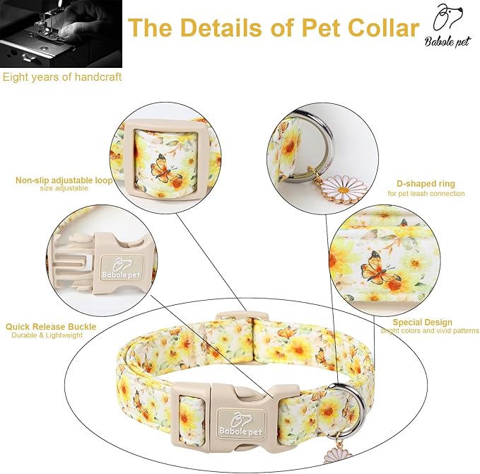 Sunflower Dog Collar, Adjustable Cute Dog Collars for Medium Dogs, Lightweight Summer Fall Pet Collar with Quick-Release Buckle for Boy&Girl Dogs M