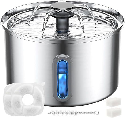 Cat Water Fountain Stainless Steel, 118oz/ 3.5L Large Capacity Automatic Pet Water Dispenser for Drinking with Level Window, Ultra Quiet Pump, 2 Replacement Filters & Pre-Filter Sponges for Dog