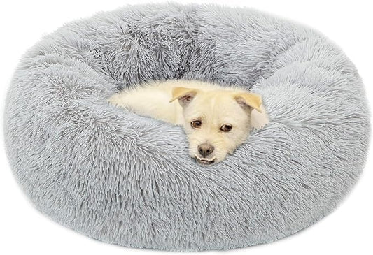 Donut Bed Medium Size Dog, Calming Soft Round Cuddler Dog Beds Fluffy Plush Faux Fur Pet Beds (24", Light Grey)
