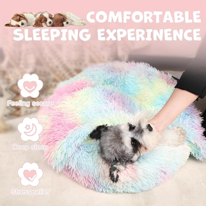 Himax Small Dog Bed, Fluffy Dog Bed with Blanket Attached, Cat Bed Washable, Multi-Colored (20"/26"/35")…