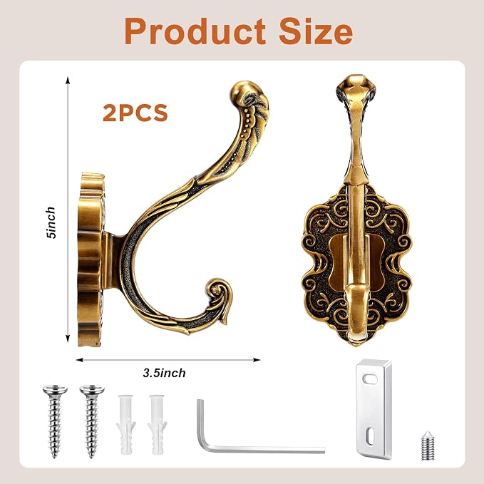 Zonon 2 Pcs Antique Gold Wall Hooks Set Vintage Coat & Towel Hooks