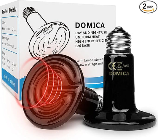 DOMICA 75W 2 Pack Reptile Heat Bulbs for Beared Dragon, Ceramic Heat Emitter, E26 No Light Heating Bulbs for Turtle, Lizard, Snake, Amphibians, Pet Brooder Coop Chicken (75W-Small to Medium Tank)