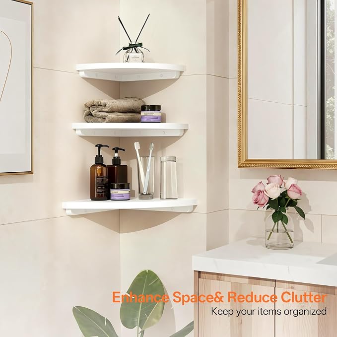 Gieanoo White Corner Wall Shelf 12inch Solid Oak Wood Floating Corner Shelf