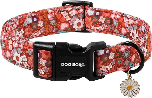DOGWONG Red Flower Dog Collar, Cute Adjustable Floral Collar, Girl Female Dog Collar with Strong Plastic Buckle for Small Medium Large Dogs,L