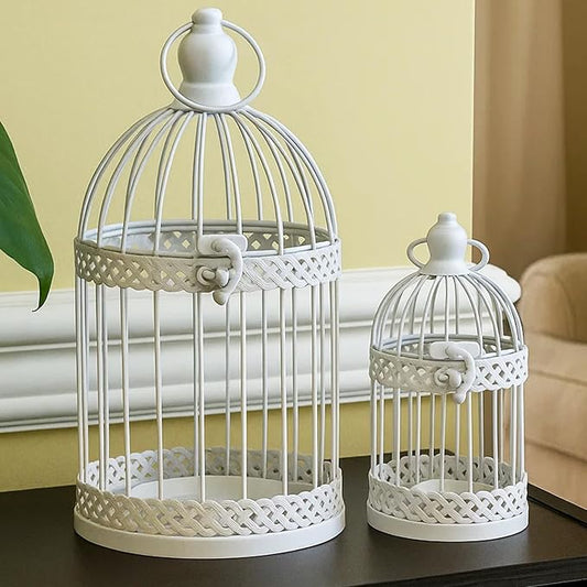 Vela Lanterns Bird Cage Decor Candle Holder Lantern Decorative Wedding Table Centerpiece Decorations, 10" and 6" Tall, White, Set of 2