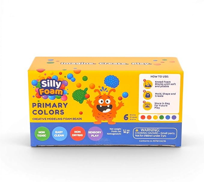 Silly Foam, Creative Modeling Foam Beads, 1-Pack of 6 Primary Colors, Easy Clean Up, Perfect for Preschool and Kids, Arts & Crafts, Sensory Play, STEM, Travel Toy, Holiday Gifts, Non-Toxic (Age 3+)