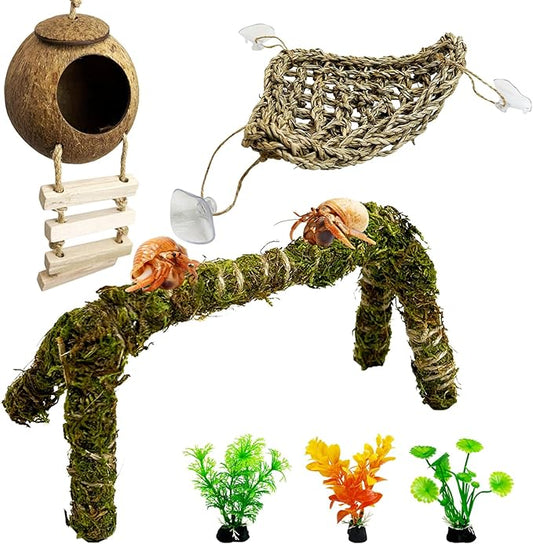6 PCS Hermit Crab Accessories Set Small Bendable Moss Hermit Crab Climbing Toys Coconut Shell Hut with Ladder Climbing Hammock with Suction Cup Plants for Reptile Amphibian
