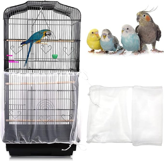 Daoeny Universal Bird Cage Cover, Adjustable Parrot Nylon Airy Soft Mesh Net, Seed Feather Catcher, Birdcage Cover Skirt Sheer Guard for Parakeet Macaw Round Square Cages (White)