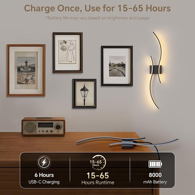 Battery Operated Wall Sconce Set of 2, Dimmable Modern LED Rechargeable Wall