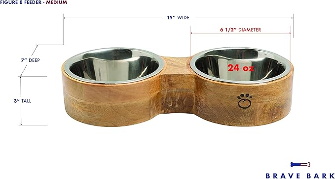 Luxury Elevated Dog Bowl Set - Mango Wood Stand with 2 Stainless Steel Food & Water Bowls - Raised Pet Feeder with Non-Slip Base, Modern Design for All Dog Sizes, Medium 24oz