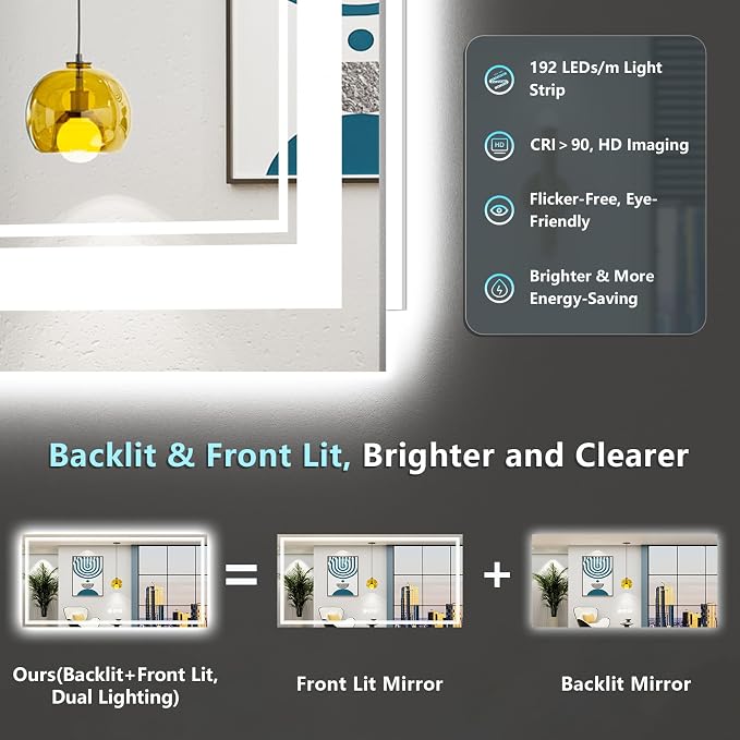 72x36 LED Bathroom Mirror with Lights, Backlit and Front Lit Anti-Fog Lighted