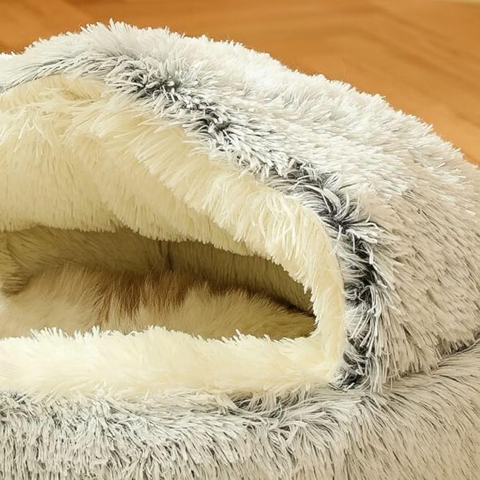 Plush Fluffy Dog and Cats Round Bed – Ultra-Soft Faux Fur Pet Shell Nest with Raised Bolster Edge, Self-Warming Calming Nest for Small to Large Pets (Gray, Medium（20“）)