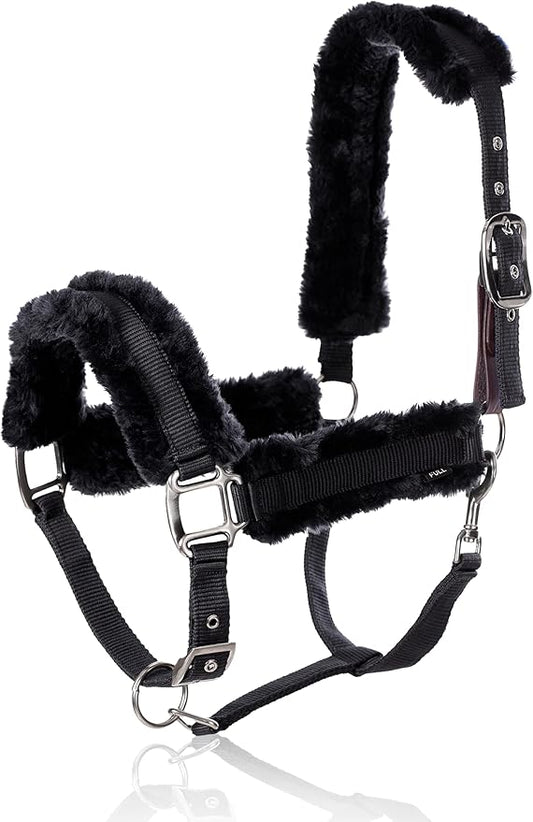 Equinavia Valkyrie Ultra Fleece Breakaway Horse Halter | Padded Fleece Adjustable Safety Halter with Nylon Webbing - Black/Black - Cob