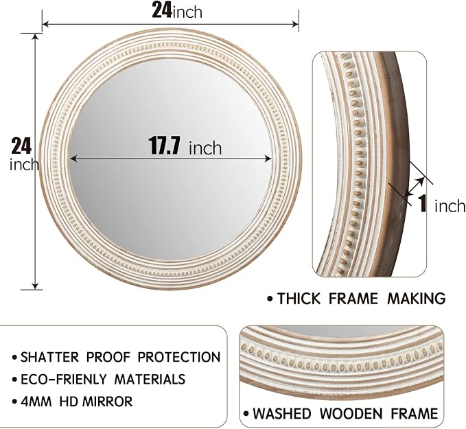 Reflinto 24 Inch Boho Wooden Round Mirrors