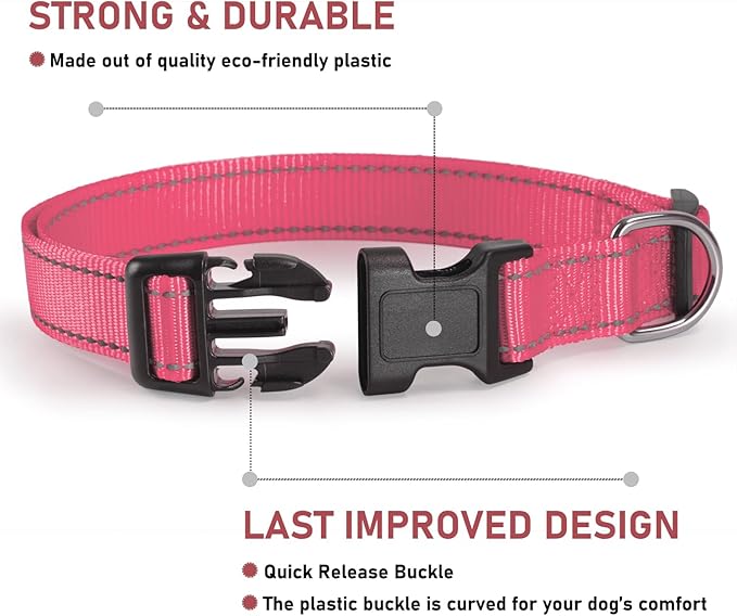 Reflective Dog Collar with Buckle Adjustable Safety Nylon Collars for Small Medium Large Dogs, Light Pink S