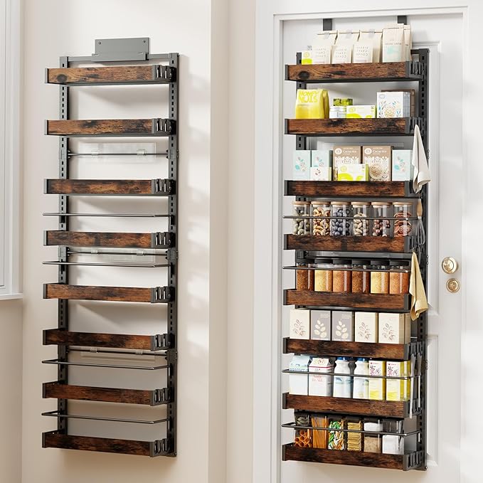 8 Tier Over The Door Pantry Organizer, 2 IN 1 Wall Mount or Metal Hanging Spice Rack for Pantry Organizers and Storage, Seasoning Shelves，Adjustable Basket with Hooks for Kitchen Cabinet and Closet