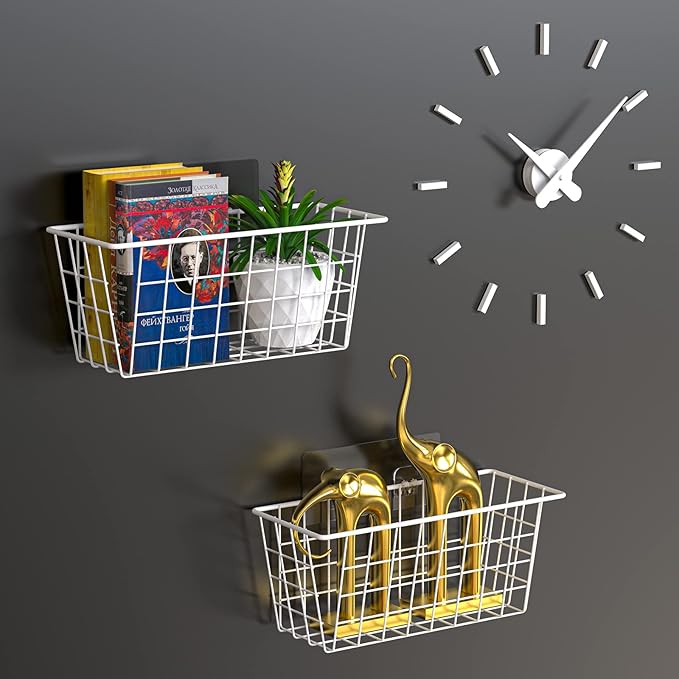 MaraFansie Wall Wire Baskets Bin No Drilling Adhesive Hanging Baskets Wall Mounted for Cabinet & Pantry Organization and Kitchen, Bathroom, Bedroom Storage, 2 Pack, White