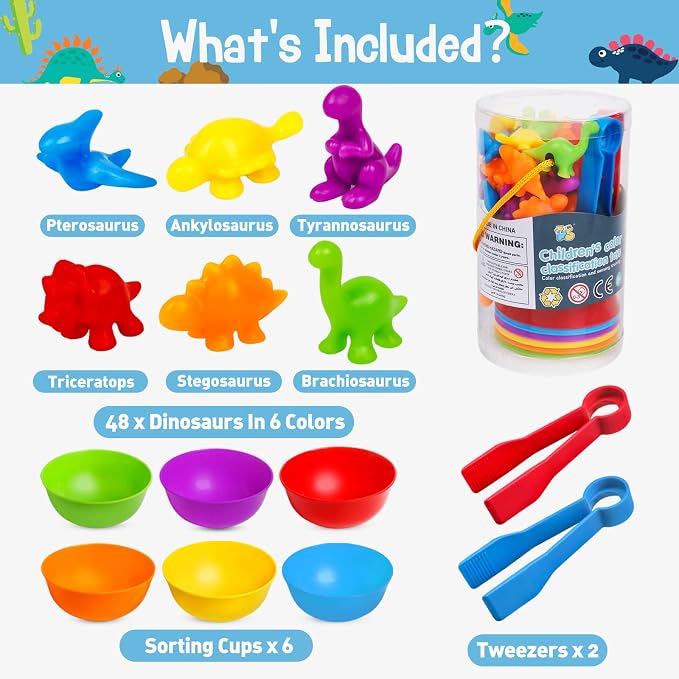 Counting Dinosaurs Color Sorting Toys with Rainbow Bowls,Sensory Training & Counting Activity Montessori Education Learning Activities Easter Basket Stuffers Gifts for Boys Girls