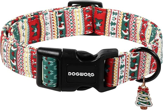 DOGWONG Christma Dog Collar, Classic Cute Red Green Christmas Tree Dog Collar for Boy and Girl Dogs, Strong Plastic Buckle Dog Collars for Large Dogs,L