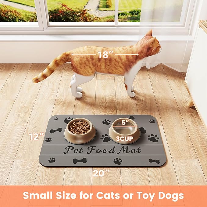 Pet Feeding Mat-Absorbent Pet Placemat for Food and Water Bowl, with Waterproof Rubber Backing, Quick Dry Water Dispenser Mat for Dog and Cat (16"x24", Dark Gray)