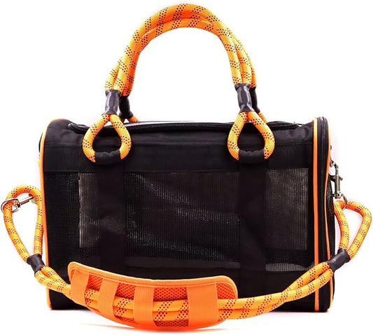 Buddy's Best Airline Approved Pet Carrier – Black & Orange Heavy Duty, Fits Under Seat, TSA Compliant, Ventilated Mesh Design w/Waterproof Base & Reflective Safety Strips