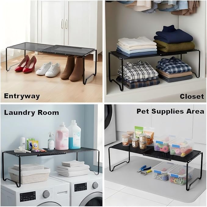 Extendable Dense Mesh Metal Shelf - 15-24.4in Adjustable Stackable Organizer for Kitchen, Bathroom, Shoe Cabinet & Tool Closet, Dust-Proof Small Item Friendly Storage Rack (1 Piece, Black)