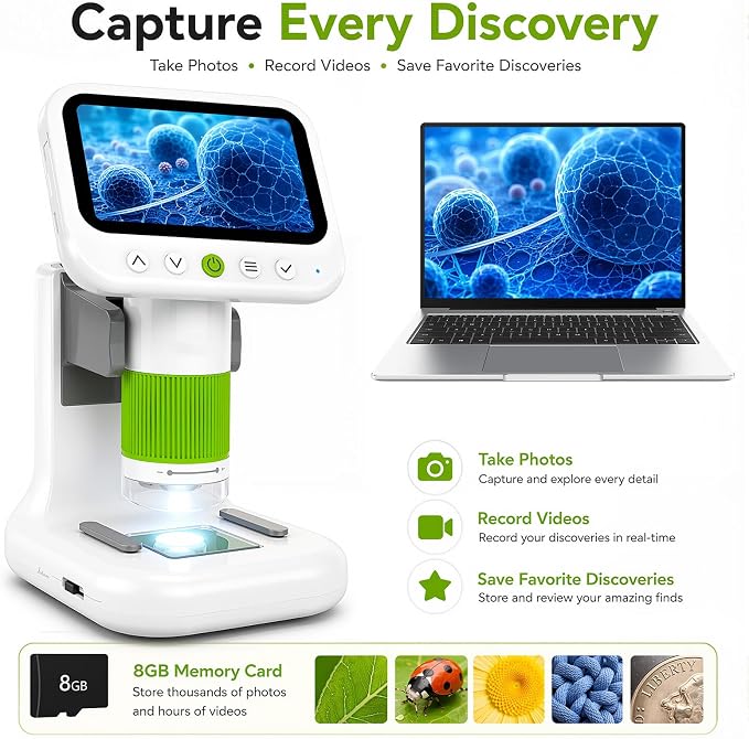 Kids Microscope with 1080P 4.3" Screen, 2-in-1 Desktop/Handheld Microscope | 1000X Microscope for Kids with 6 Slides, Photo/Video Capture, 8 LED Lights, 8GB Card, Birthday Christmas Gift for Kids 3-12