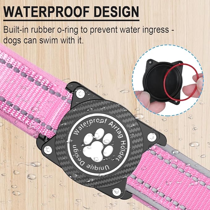 Airtag Dog Collar with Waterproof Air Tag Holder, Luminous Reflective, Soft Padded, Adjustable Nylon Pet Collar for Small Medium Large Heavy Duty Dogs,Pink, XL