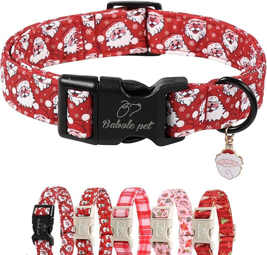 Christmas Dog Collar - Cute Red Santa Christmas Puppy Collar with Safety Buckle, Soft Adjustable Holiday Dog Collars for Small Medium Large Dogs L