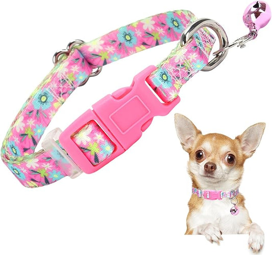 XS Dog Collar with Bell - Durable Nylon Collar for Small Breeds, Adjustable Flower Pattern Collar for Chihuahua Pomeranian Yorkie, Heavy-Duty for Active Puppies（XS）