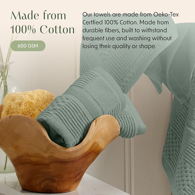 Springtree Home 100% Cotton Bathroom Towel Set | 6 Piece Set - Green Bath Towels | Geometric Textured Design | Absorbent & Quick-Dry | Oeko-TEX® Standard 100 Cotton | Myla Collection - Lily Pad Green