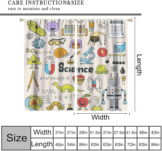 Cartoon Science Bedroom Curtains, Chemistry Science Pharmacy Research Blackout Rod Pocket Window Drapes for Childs Girls Boys Bedroom Living Room Home Set 2 Panels,55x63 Inches