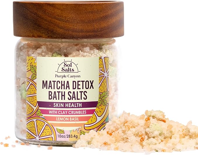 Purple Canyon SolSalts Matcha Detox Bath Salts with Clay Crumbles | Lemon Basil Scented Soak with Green Tea & Grape Seed Oil