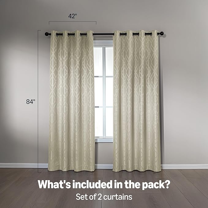 Amazon Basics Jacquard 2-Piece 100% Blackout Curtains, Living Room and Bedroom Drapes, Thermal Insulated Window Treatment, 42"x84", Beige