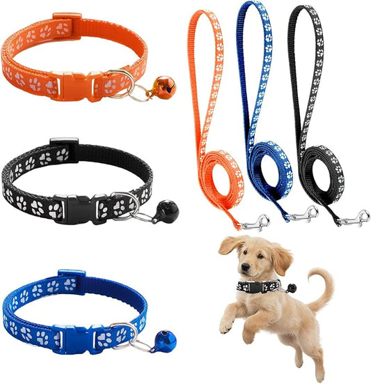 Dog Collar and Leash Set 3Pcs Puppy Collar and Leash Paw Print Whelping ID Collars Buckle Soft Nylon Litter Adjustable Pet Collar for Puppy Small Dogs Walking Training (Black Orange Blue)
