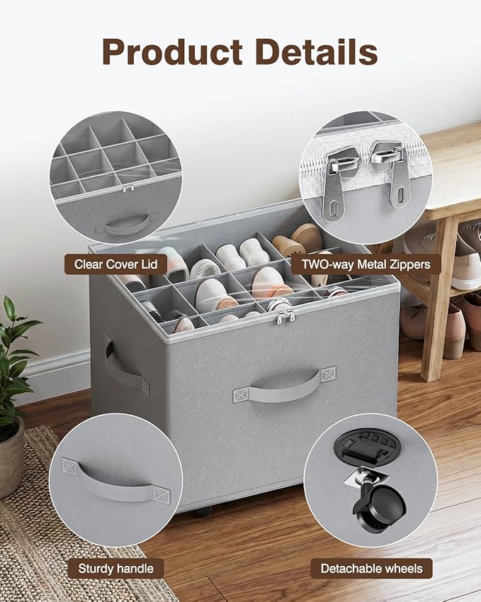 Rolling Shoe Organizer Boxes with Dividers, 2 Pack – Gray
