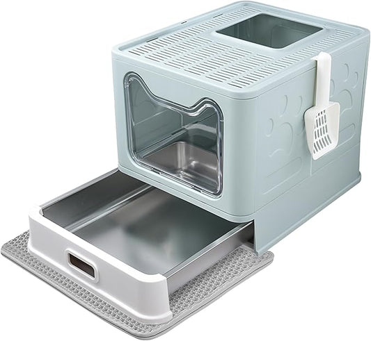 Enclosed Cat Litter Box with Lid Top Exit Covered Metal Stainless Steel Litter Box Leak Proof & Odorless Easy to Clean Including Cat Litter Scoop and Litter Mat