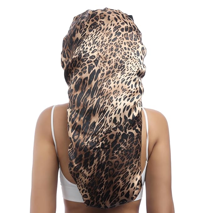 AWAYTR Long Satin Bonnet for Braids - Elastic Silk Hair Bonnets for Sleeping Night Cap Stretchy Tie Band for Women（Leopard）