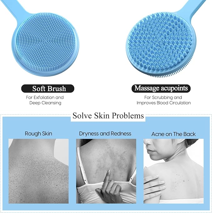 2 Pack Back Scrubber for Shower, 17in Lengthen Long Handle Body Brush, Double Sided Shower Brush for Shower Exfoliating and Massage Can Produce Rich Foam, Long Handle Back Scrubber for Men