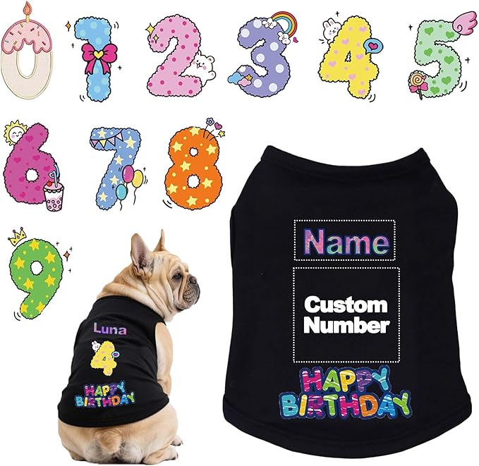 Custom Dog Birthday Shirt,Personalized Pet Apparel Print with Name Age Number,Pet Birthday Outfit,Lightweight Breathable Cotton Vest for Small Medium Large Dogs Cat (Black, X-Large)