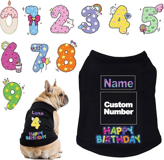 Custom Dog Birthday Shirt,Personalized Pet Apparel Print with Name Age Number,Pet Birthday Outfit,Lightweight Breathable Cotton Vest for Small Medium Large Dogs Cat (Black, 7X-Large)
