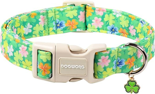 DOGWONG St. Patrick Dog Collar, Comfortable Adjustable Green Clover Pattern Dog Collar for Small Male Female Dogs,XS