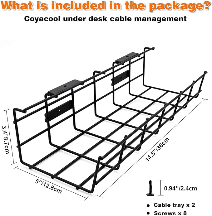 Under Desk Cable Management- 2 Pack Cord Organizer. Metal Wire Cable Management Tray for Office, Studio and Home. Super Sturdy Under Table Cable Management - Black Cable Organizer