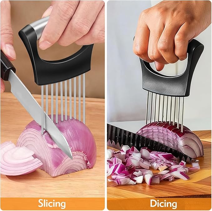 Onion Slice Holder, 2026 New Stainless Steel Onion Slice Holder Lemon Slicer Vegetable Cutter, Multifunctional Chopper Assistant Kitchen Slicer Tool for Fruit, Meat, Tomato, Onion Slicing ﻿ (1pcs)