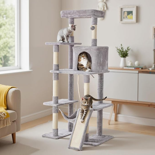 Large Cat Tree 63 Inch, Multi-Level Tall Cat Tree Tower with Condo, Perch, Sisal Scratching Posts Board and Hammock, Pet Play House with Dangling Balls for Indoor Cats, Light Grey
