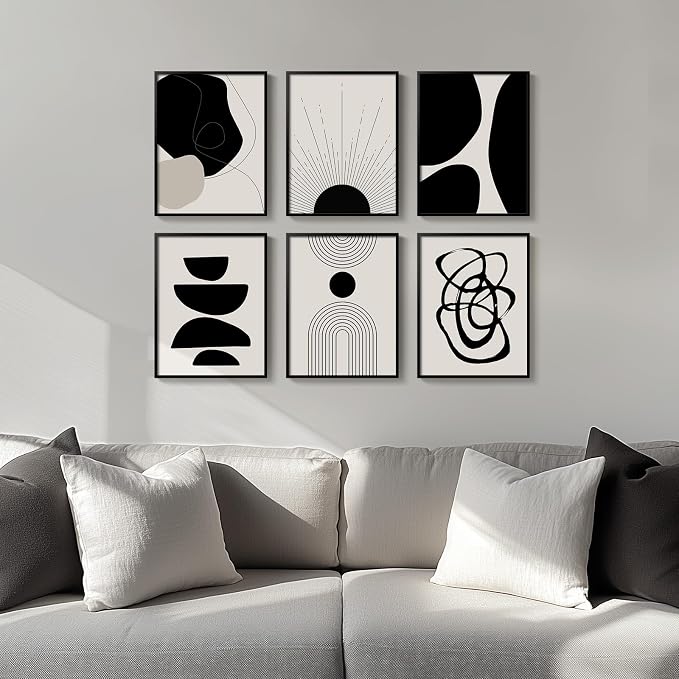 Framed Boho Black and White Abstract Wall Art, Minimalist Geometric Pictures
