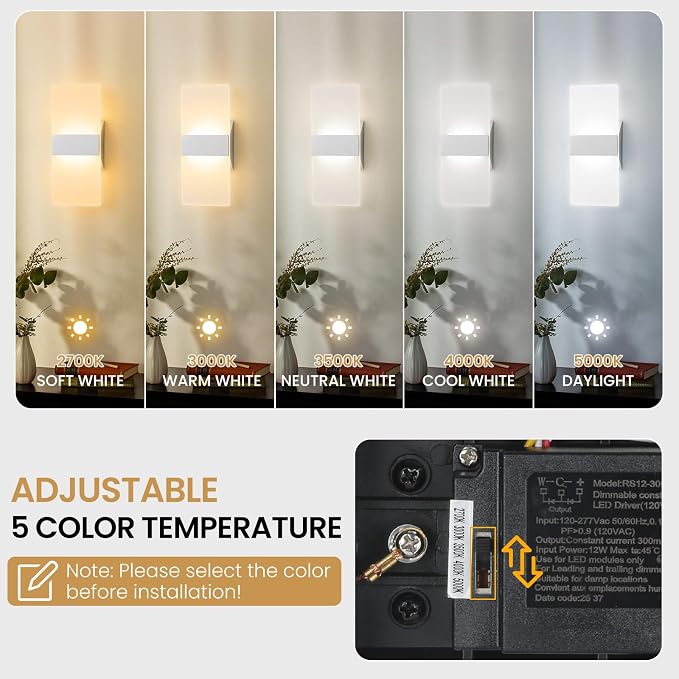 Modern LED Wall Sconces Set of Two, 12 Inch Indoor Dimmable Brushed Nickel Wall