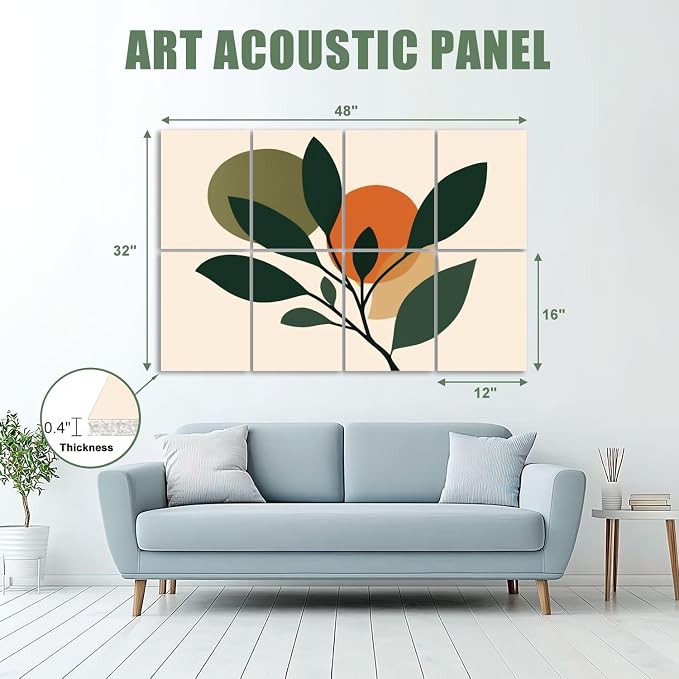 8 Pack Art Acoustic Panels Sound Absorbing Boho Botanical Leaf Orange Green